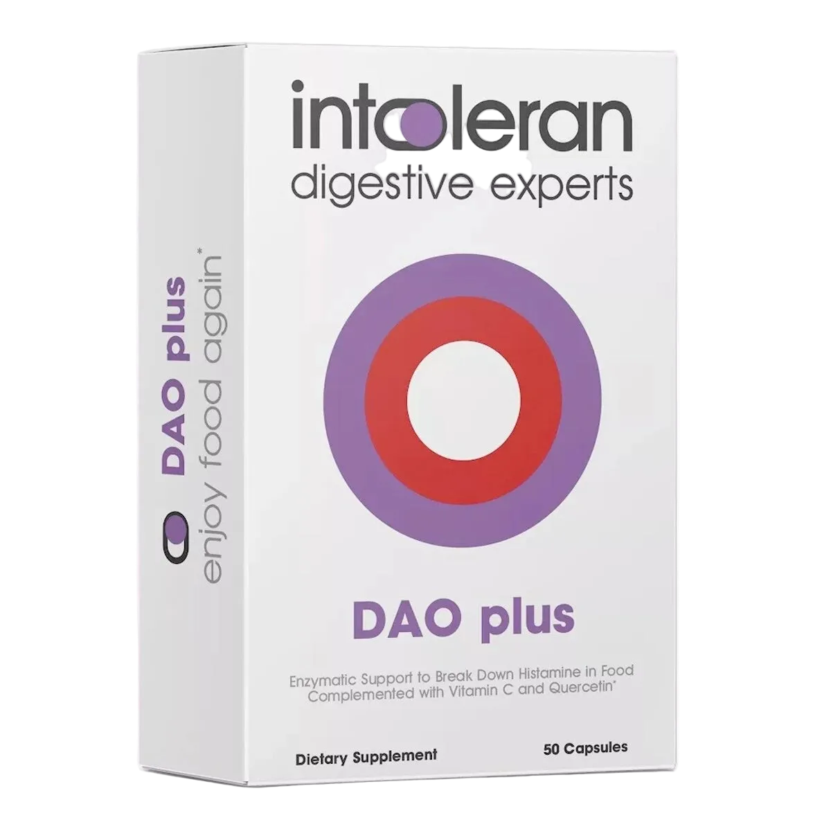 enzyme diamine oxidase (DAO), derived from porcine kidney protein extract
Also includes vitamin C and quercetin