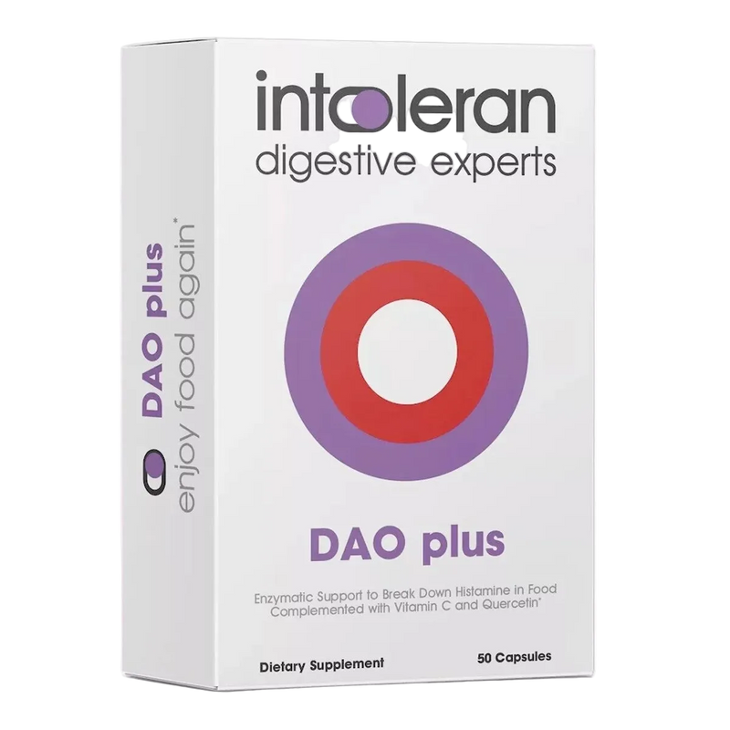 enzyme diamine oxidase (DAO), derived from porcine kidney protein extract
Also includes vitamin C and quercetin