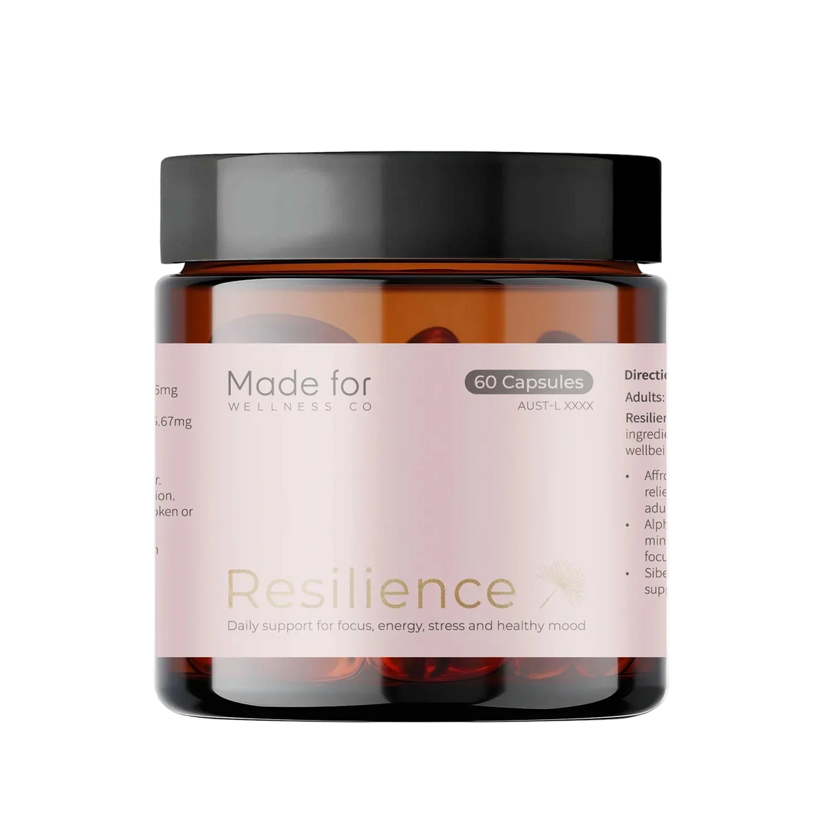 Crocus sativus (Saffron) extract (Affron® 14mg) 12.6 mg from dry stigma 37.8 mg
Eleutherococcus senticosus (Siberian Ginseng) extract 66.67 mg from dry root 1 g
Theanine (AlphaWave®) 200 mg